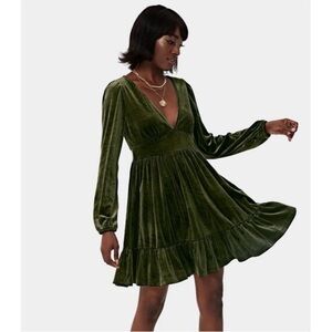 HALARA Olive Green Velvet V-Neck Long Sleeve A-Line Dress